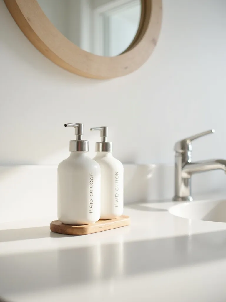 Matching ceramic soap and lotion dispensers on a tray in a minimalist bathroom.