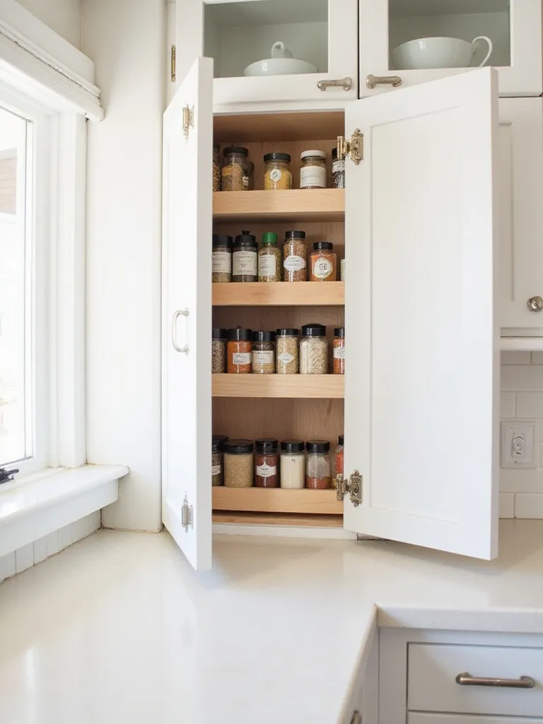 Spice rack mounted on the inside of a white kitchen cabinet door, holding various spice jars.