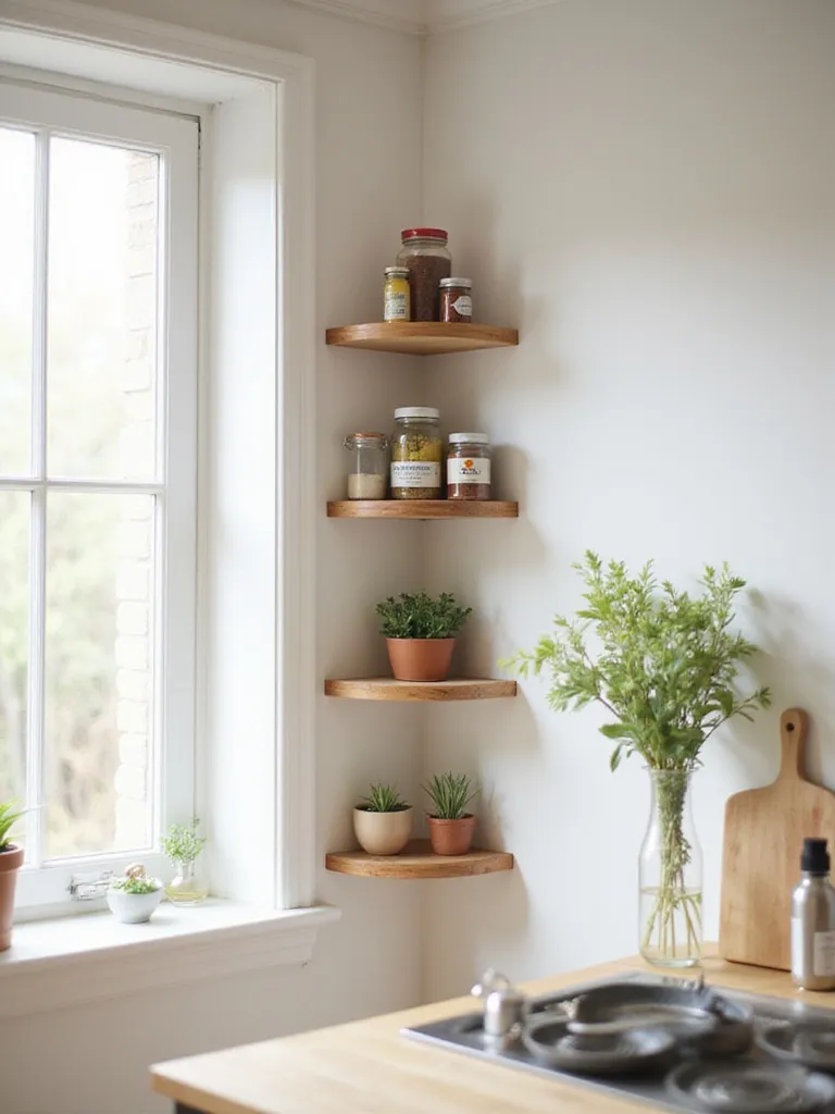 Small kitchen corner with wooden floating shelves displaying spices and herbs, maximizing storage space.