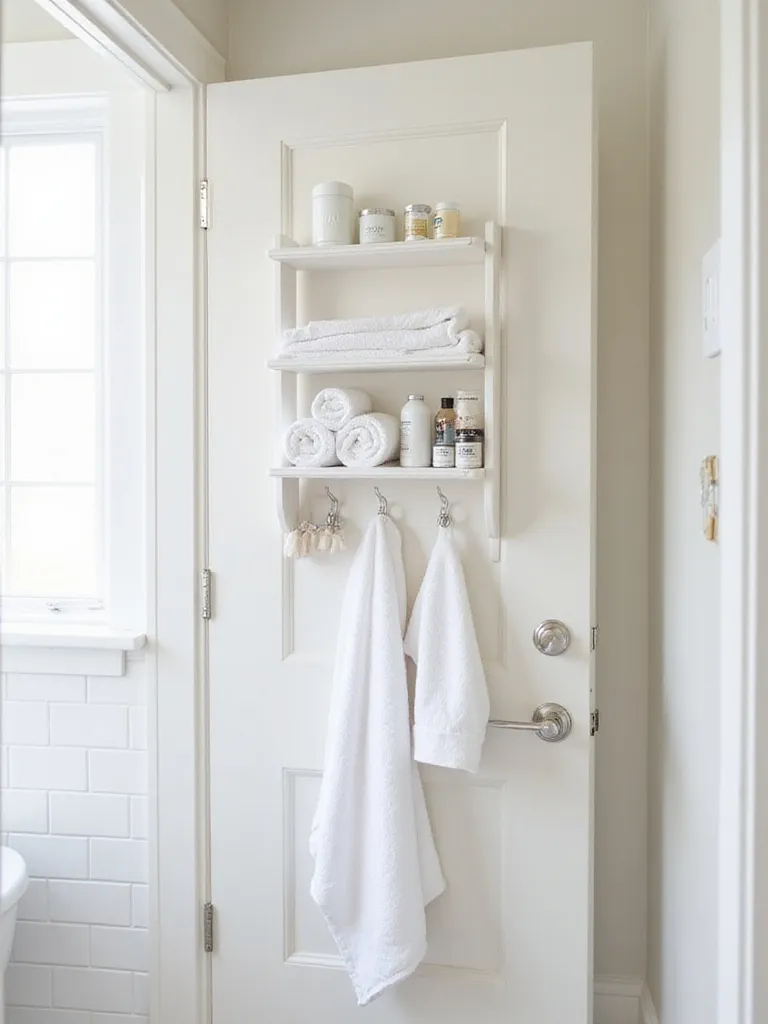 Back of a white bathroom door organized with an over-the-door shelf unit holding towels and toiletries, and hooks holding a bathrobe and hand towel.