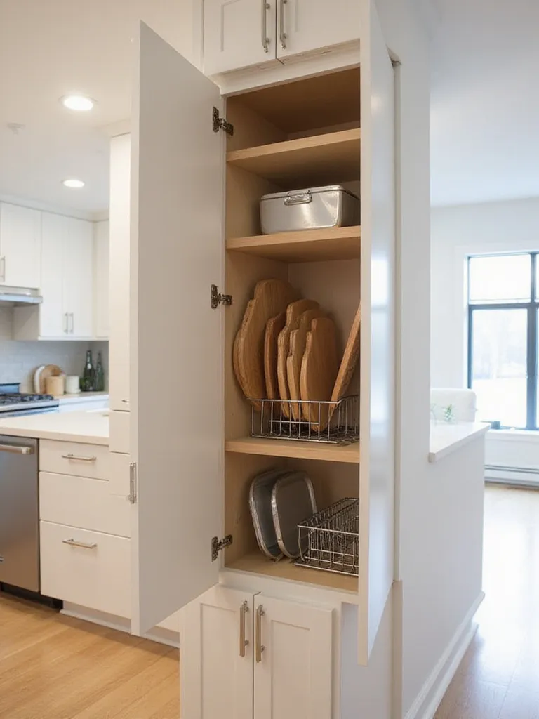 Cutting boards and baking sheets organized vertically in a kitchen cabinet.