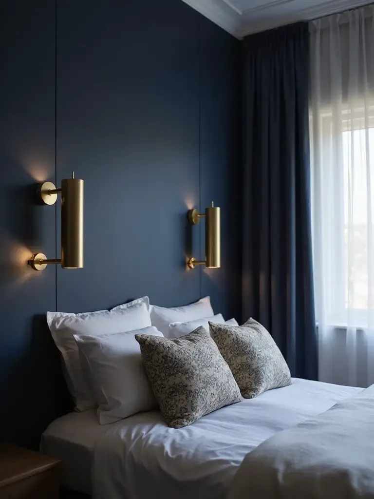 Bedroom with dark blue accent wall and brushed gold wall sconces flanking the bed.