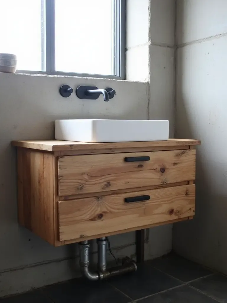 Rustic wood vanity with black hardware in an industrial bathroom.