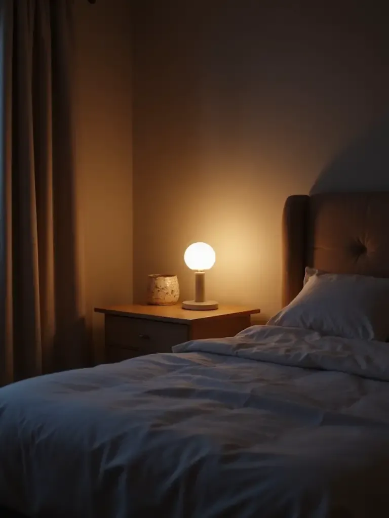 Cozy bedroom with warm white lighting creating a relaxing atmosphere