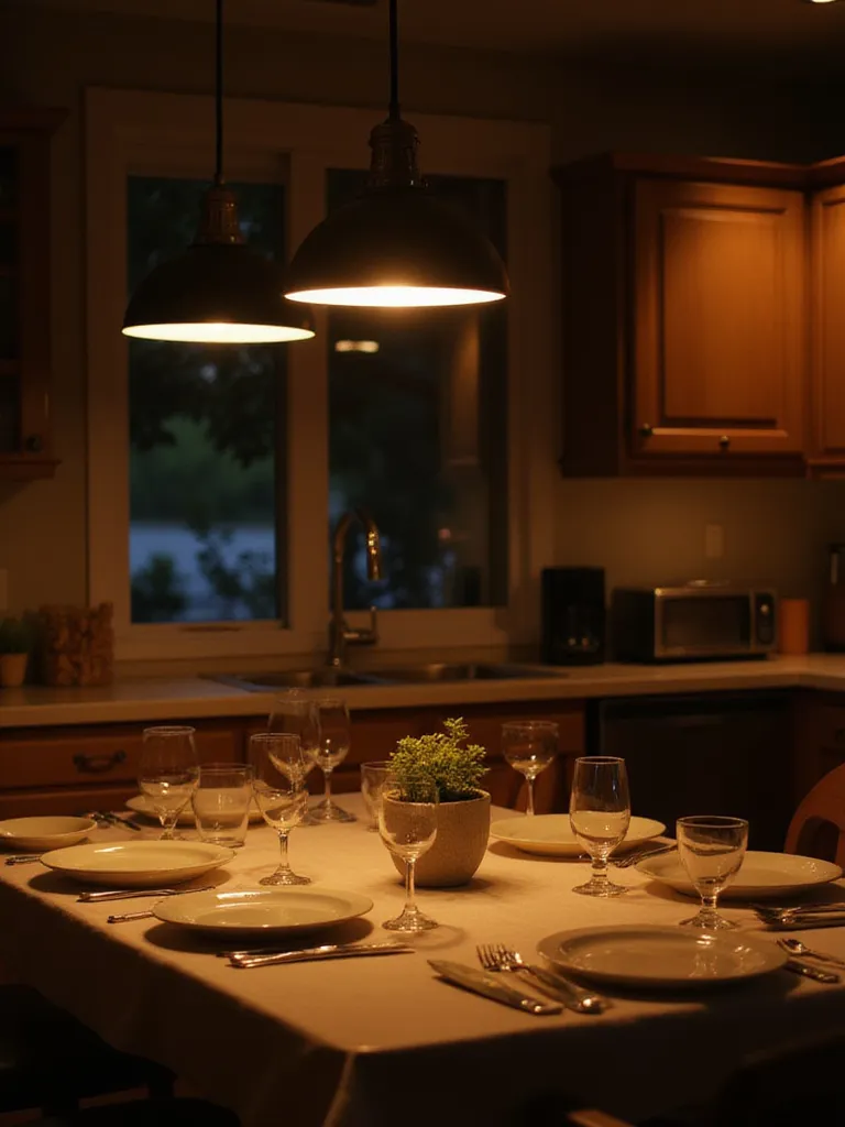 Kitchen table illuminated by warm white LED pendant lights, creating a cozy and inviting dining atmosphere.