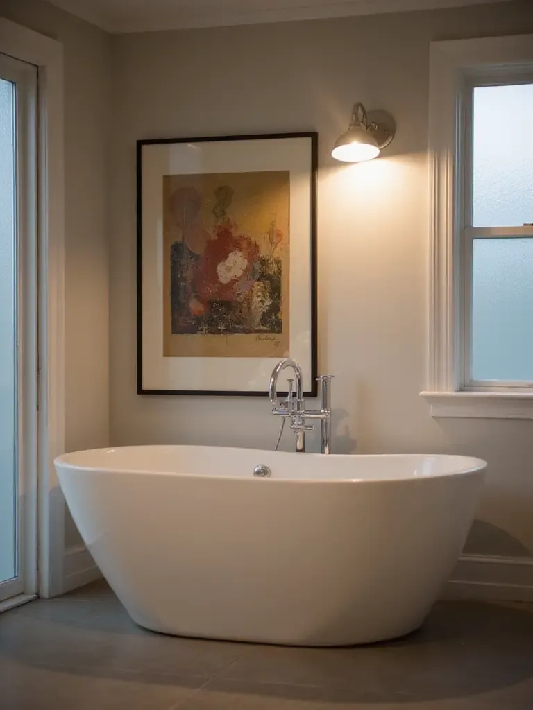 Modern bathroom with accent lighting highlighting artwork above bathtub