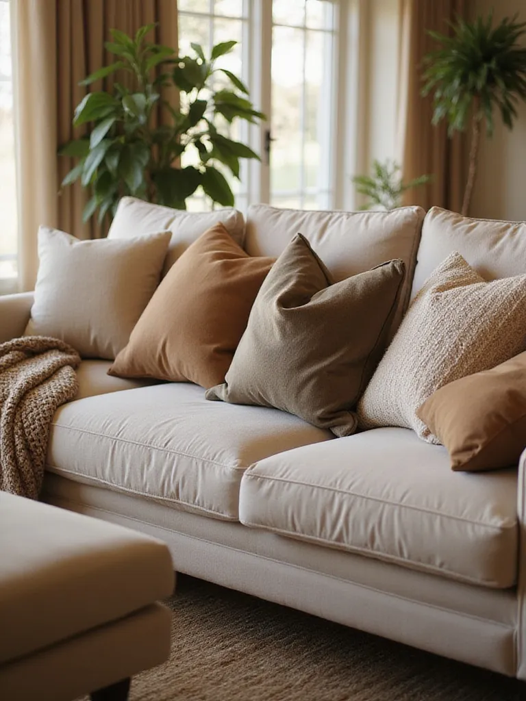 Cozy living room sofa and armchair styled with an inviting arrangement of textured pillows and soft throws, creating a comfortable and layered look.