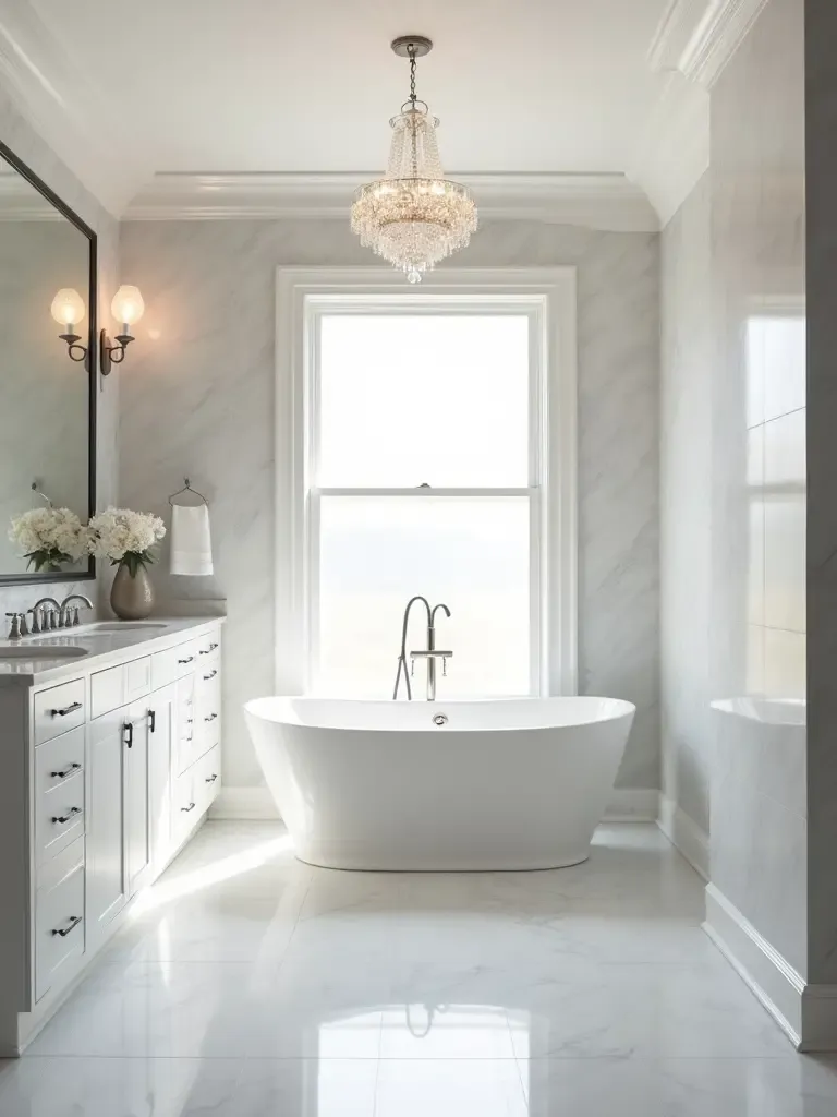 Modern bathroom with freestanding tub and crystal chandelier