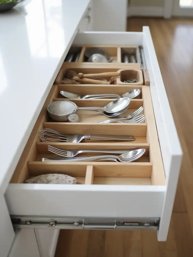 Open kitchen drawer showing neatly organized utensils separated by light wood or bamboo drawer dividers.