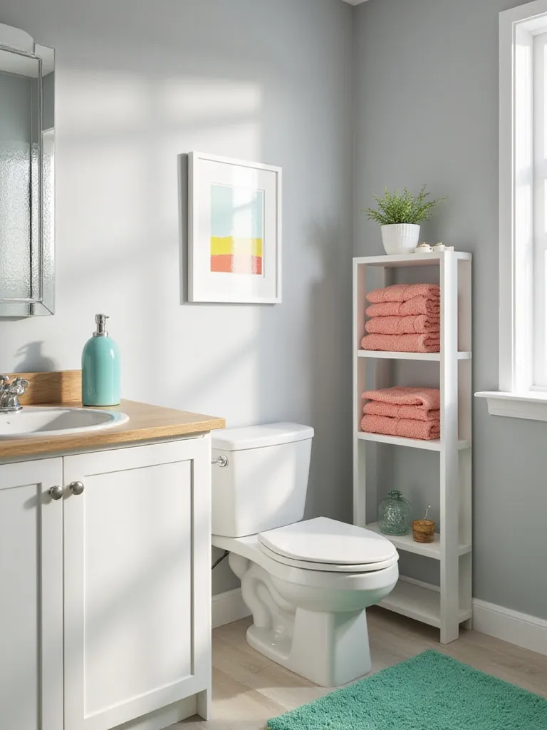 Modern bathroom with neutral walls and white vanity, featuring colorful accessories including teal soap dispenser, coral towels, abstract art, and a green bath mat, adding personality and visual interest.