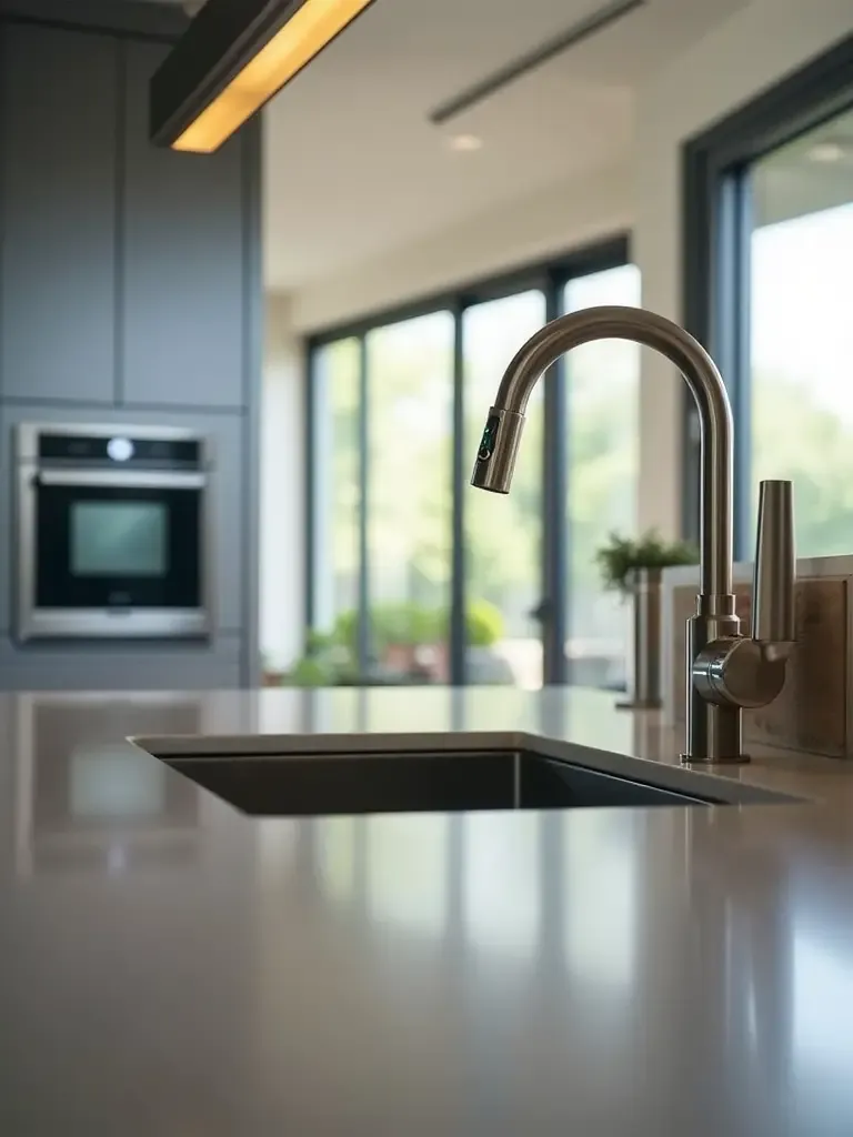 Modern kitchen showcasing smart technology features including a smart oven and smart faucet