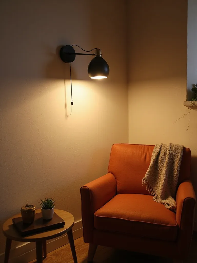 Adjustable-arm wall sconce providing task lighting above a reading chair in a modern living room.