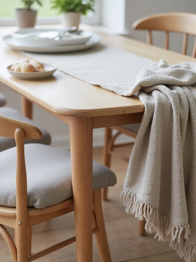 Dining room with warmth and texture added through pet-friendly linens, such as a washable tablecloth, performance fabric cushions, and a cozy throw.