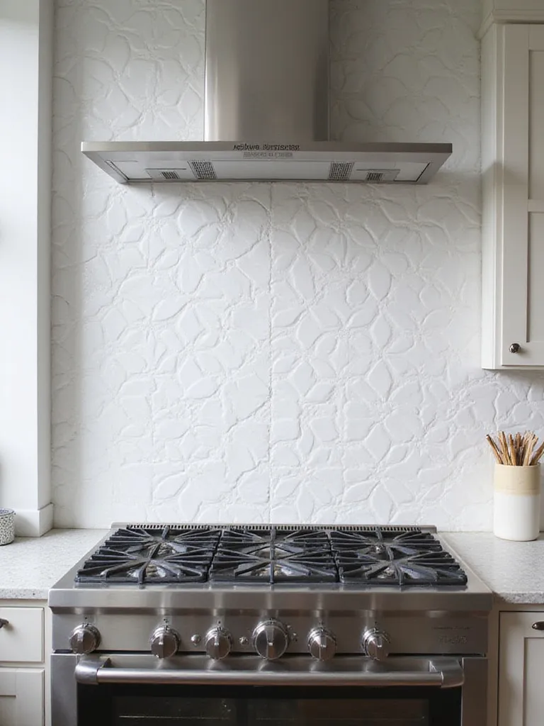 Modern kitchen backsplash featuring white geometric 3D textured tiles behind a stainless steel range, showcasing how light and shadow create dimension.