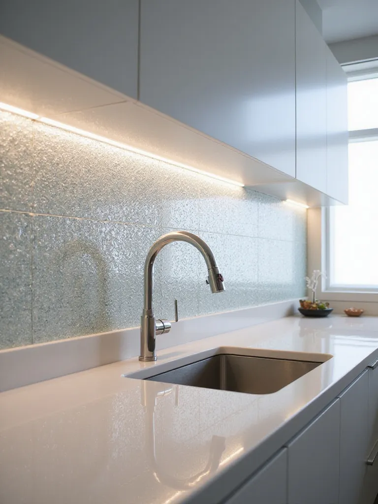 Modern kitchen backsplash featuring shimmering glass tiles that add sparkle and depth, illuminated by under-cabinet lighting.