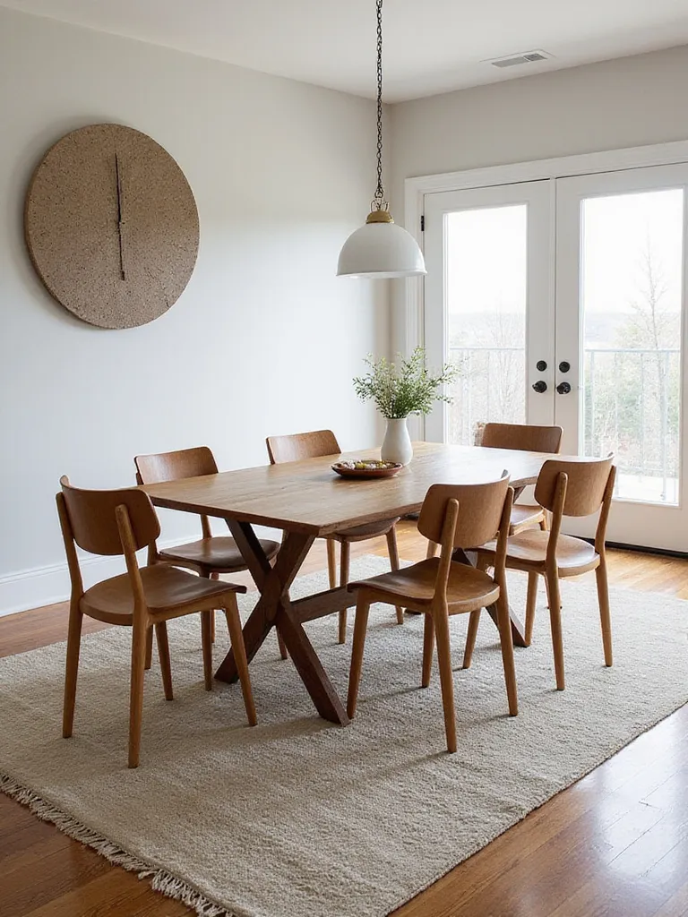 A properly sized, low-pile, stain-resistant area rug anchoring a dining area, chosen for pet-friendly durability and ease of cleaning.