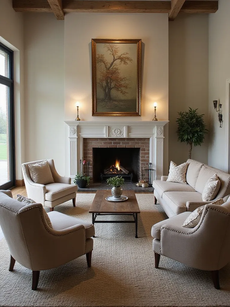 Comfortable living room layout with sofa and chairs arranged around a fireplace focal point on an area rug.