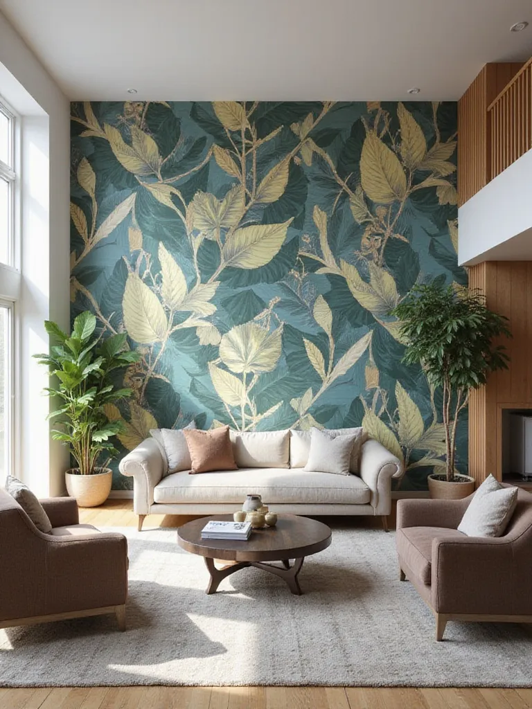 Modern living room with bold patterned wallpaper accent wall behind sofa, creating a vibrant focal point.