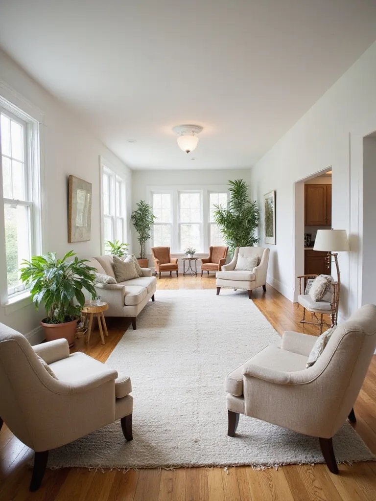 A long, narrow living room expertly laid out with furniture placed perpendicular to the walls, area rugs defining zones, and floating furniture to break up the space and create a sense of width.