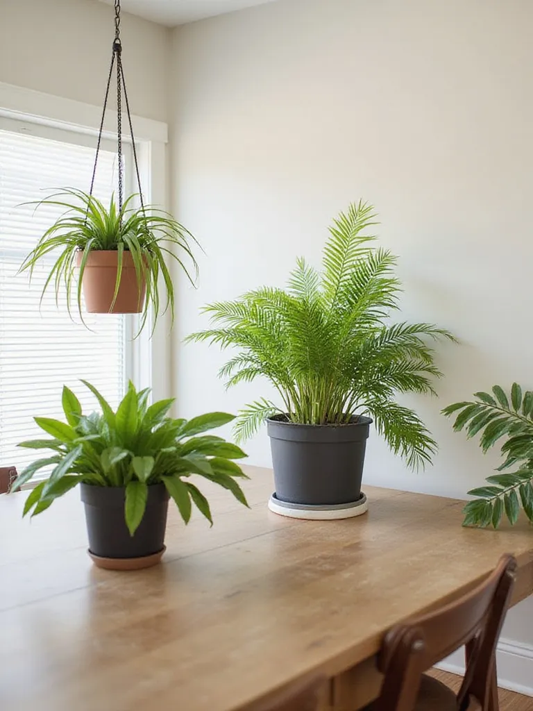 Pet-safe plants like spider plants and Boston ferns bringing life and greenery into a dining room, placed strategically for safety.