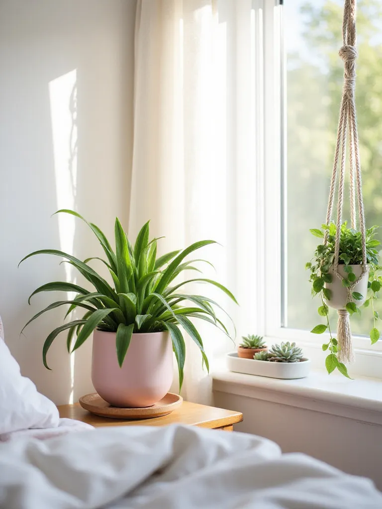 Cute bedroom decor featuring potted plants on a nightstand and hanging from a window shelf.