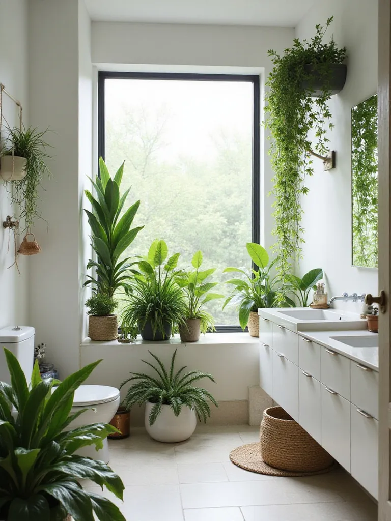 Modern bathroom with various green plants, including a snake plant, pothos, and ferns, adding a natural, spa-like feel to the minimalist design.