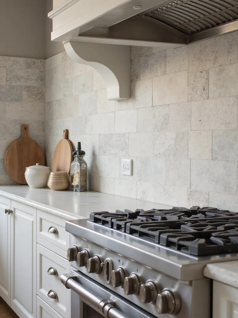 Kitchen backsplash made of natural stone, featuring unique patterns and textures, adding an earthy and elegant touch to the space.