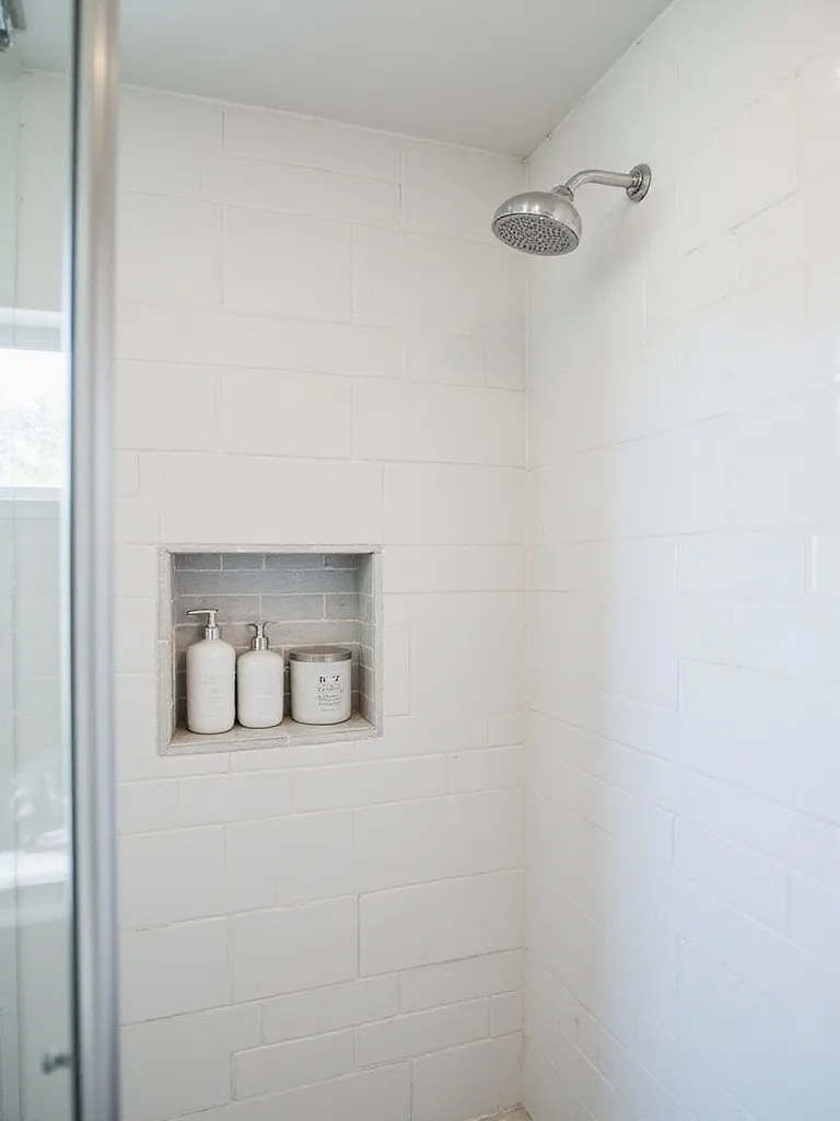 Built-in tiled shower niche providing functional storage in a small modern bathroom shower with neutral tile.