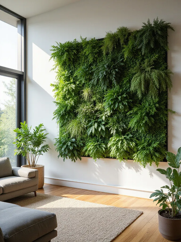 Lush indoor living wall in a modern living room, featuring diverse green plants and natural light.