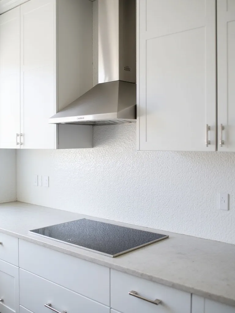 Kitchen backsplash featuring white matte penny round tiles above a modern cooktop and white countertop.