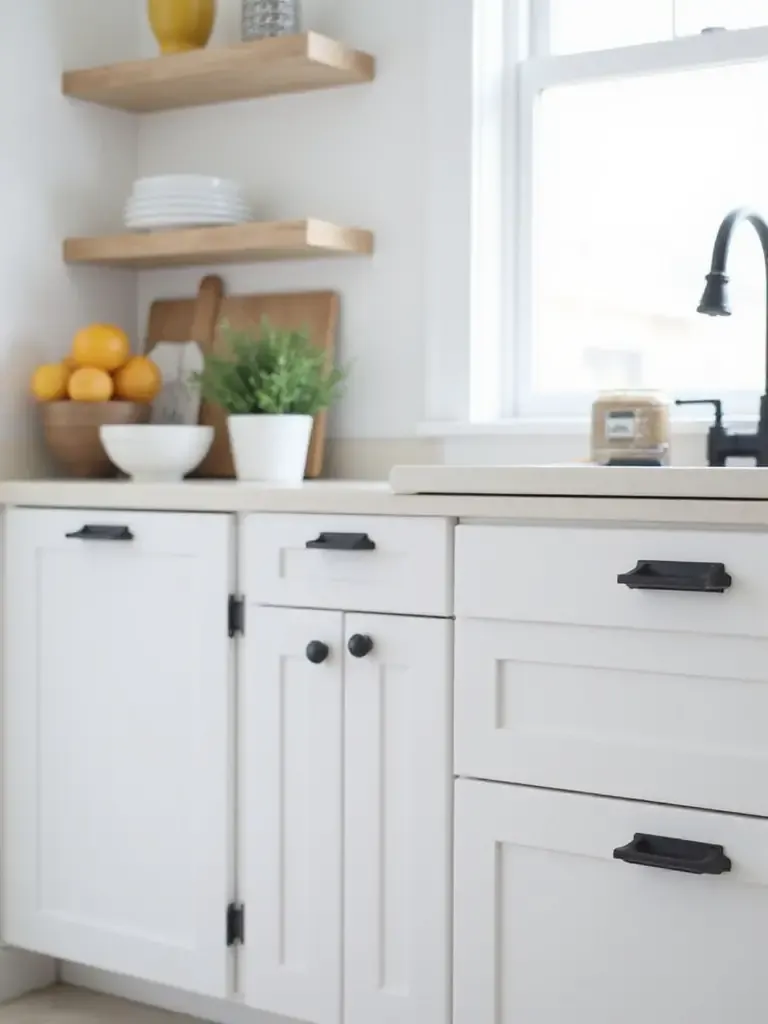 Modern kitchen with matte black cabinet hardware on white cabinetry
