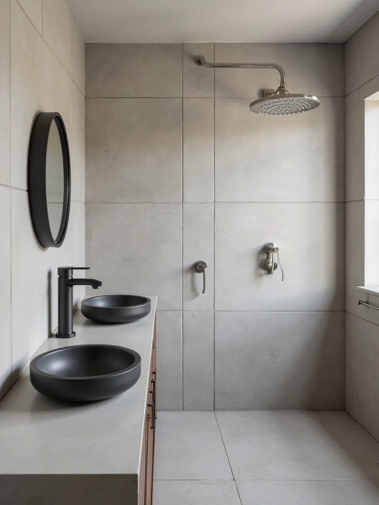 Modern bathroom with contrasting black, brushed nickel, and chrome fixtures.
