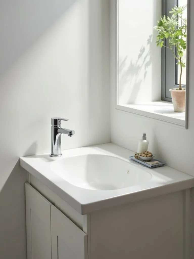 Small modern bathroom featuring a white integrated sink and countertop on a compact vanity, showcasing the seamless design that maximizes space and simplifies cleaning.