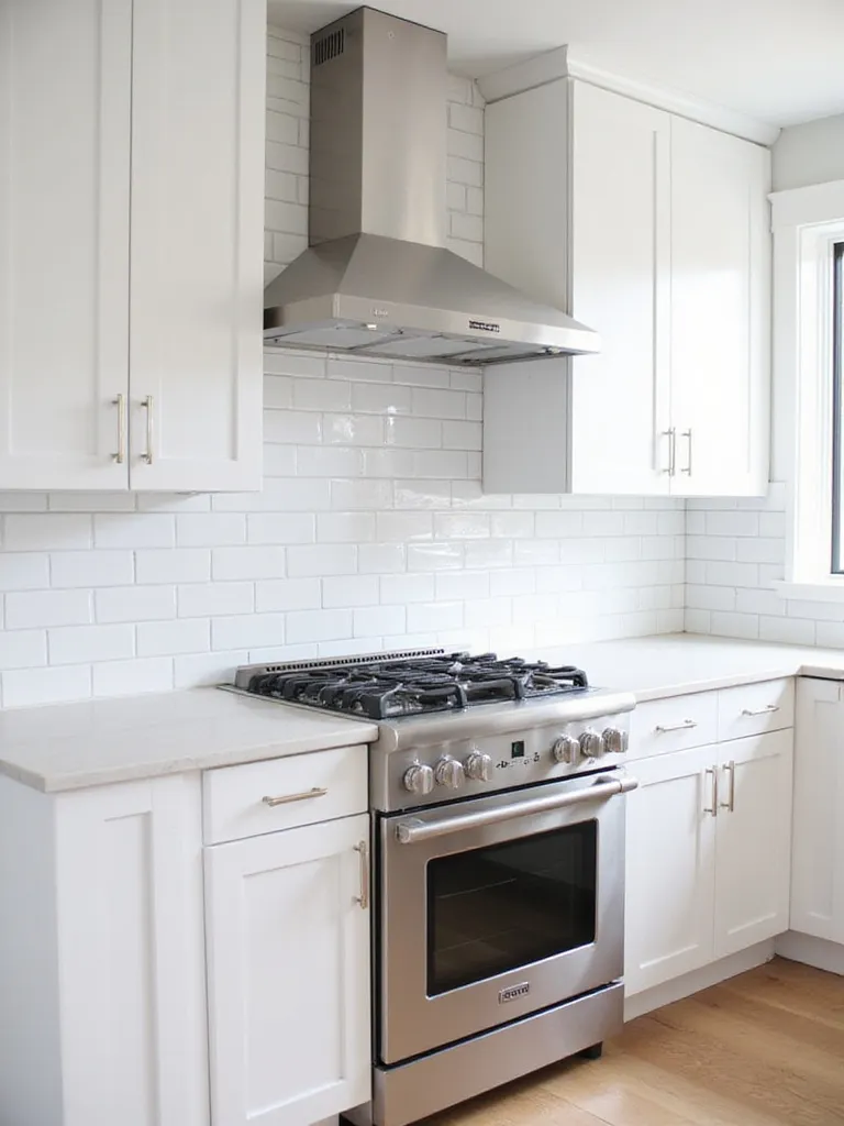 Classic white subway tile backsplash in a modern kitchen with white cabinets and quartz countertops.
