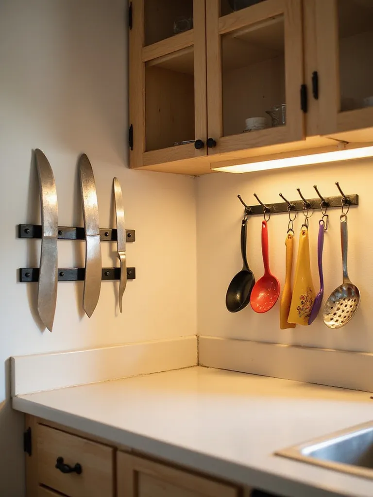 Small kitchen with mounted utensils and knives on the wall, showcasing clear counters.