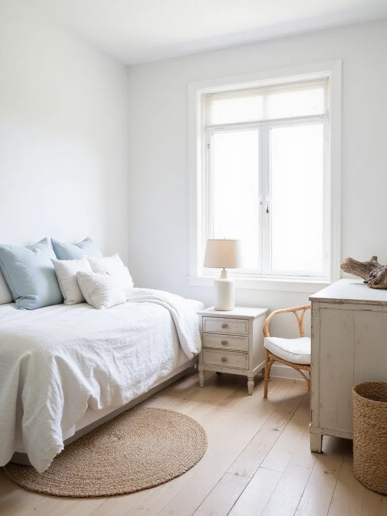 Serene coastal bedroom featuring blue and white bedding, natural wood furniture, a jute rug, and bright natural light.