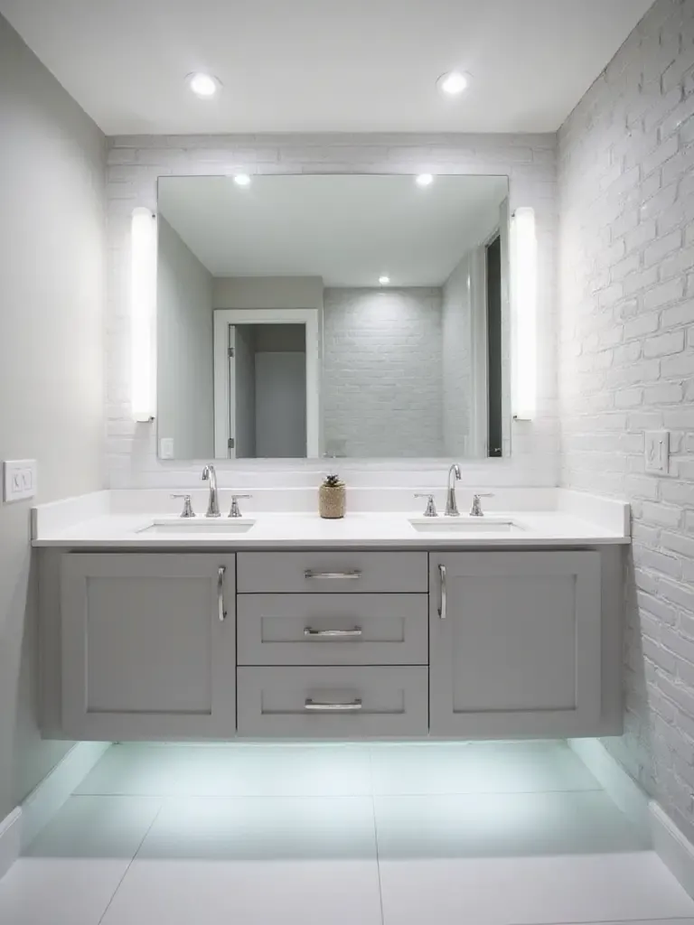 Modern bathroom with layered lighting: recessed lights, LED light bars, and under-cabinet lighting.