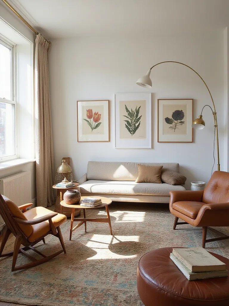 Eclectic living room showcasing a blend of vintage and modern furniture and decor, including a modern sofa on a vintage rug.