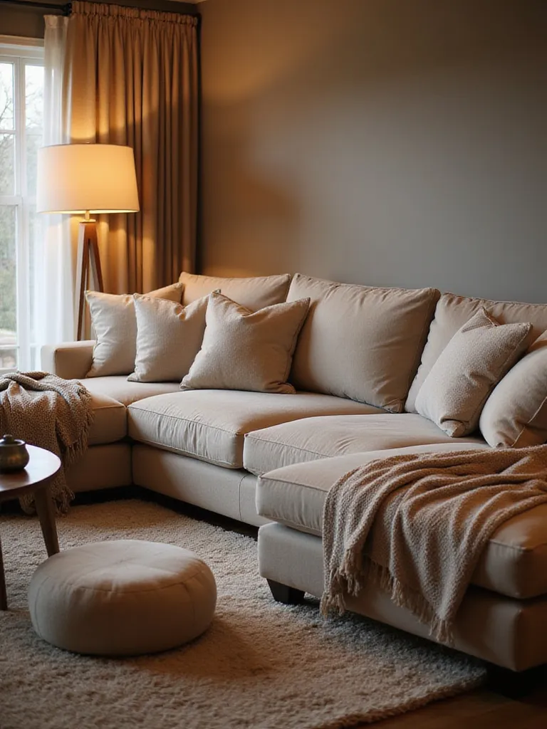 Comfortable living room featuring a deep sectional sofa, plush pillows, throw blanket, and ottoman, designed for relaxation and lounging.