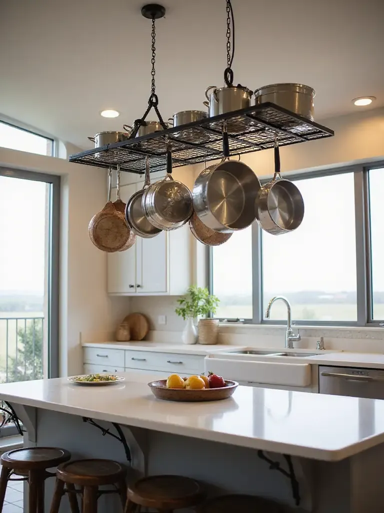 Overhead view of stainless steel pots and pans hanging from a black metal rack above a kitchen island, demonstrating space-saving storage.
