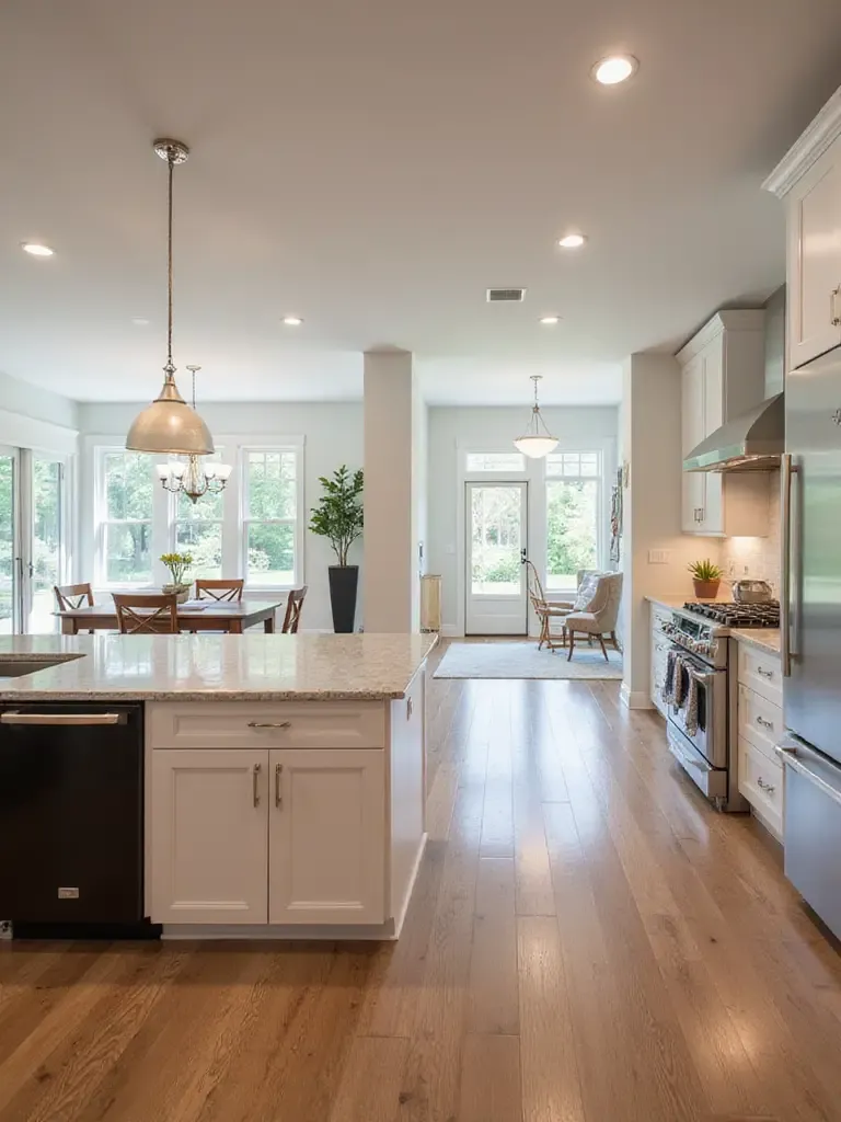 Open kitchen layout with dining area integration, showcasing modern design and natural light.
