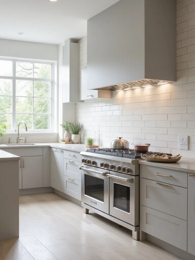 Large format light-colored rectangular tiles on a modern kitchen backsplash, illustrating how tile size impacts kitchen scale and visual spaciousness.