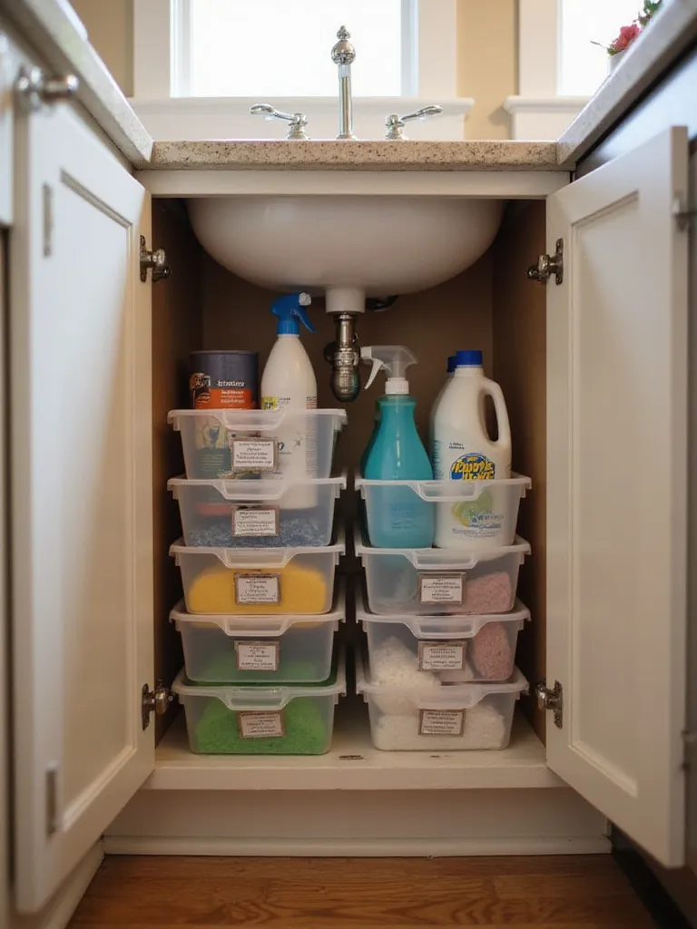 Organized under-sink cabinet with stackable bins containing cleaning supplies