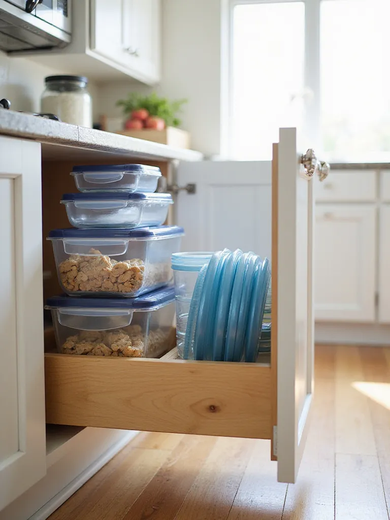 An organized kitchen cabinet filled with neatly stacked food storage containers and vertically stored lids, demonstrating efficient kitchen organization.