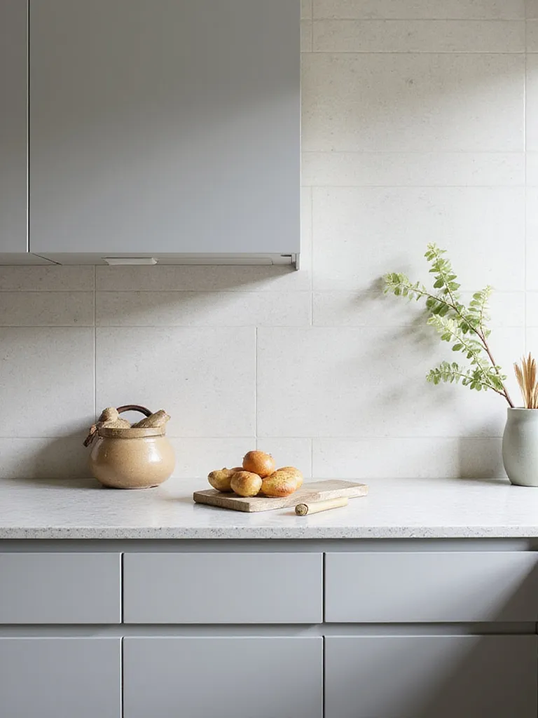 Modern kitchen featuring coordinated gray cabinets, white quartz countertops, and a light gray subway tile backsplash, demonstrating material harmony.