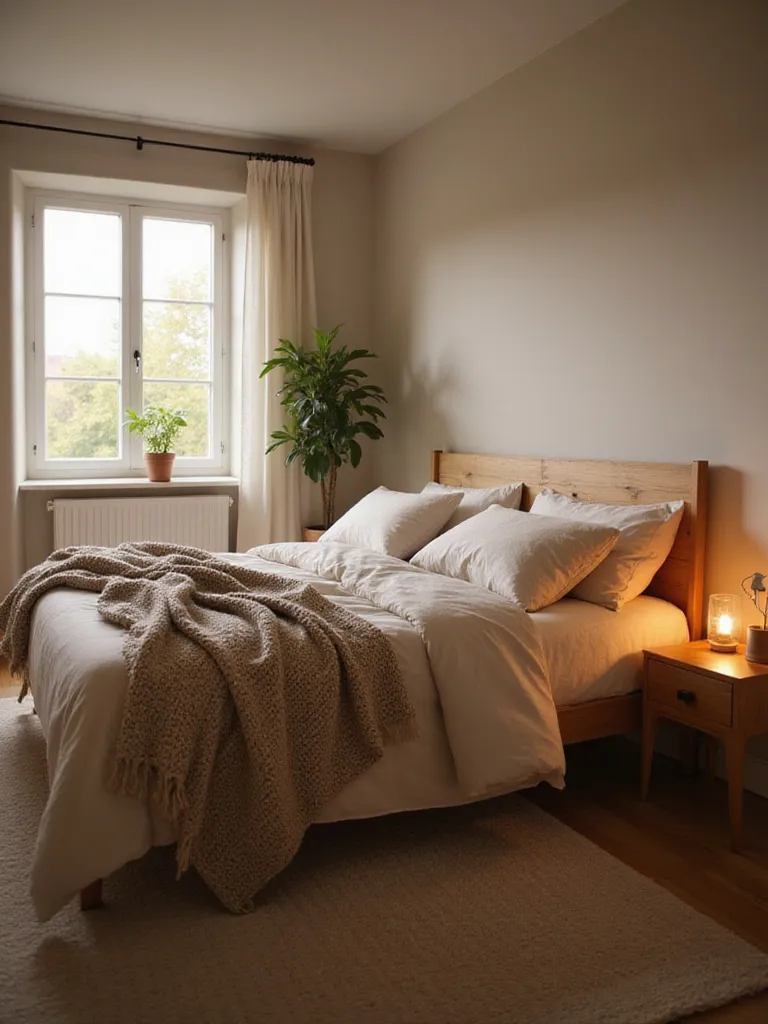 A cozy minimalist bedroom featuring layered textiles on the bed, a simple wooden bedside table with a warm lamp, and a soft muted color palette, illustrating calm and comfort.