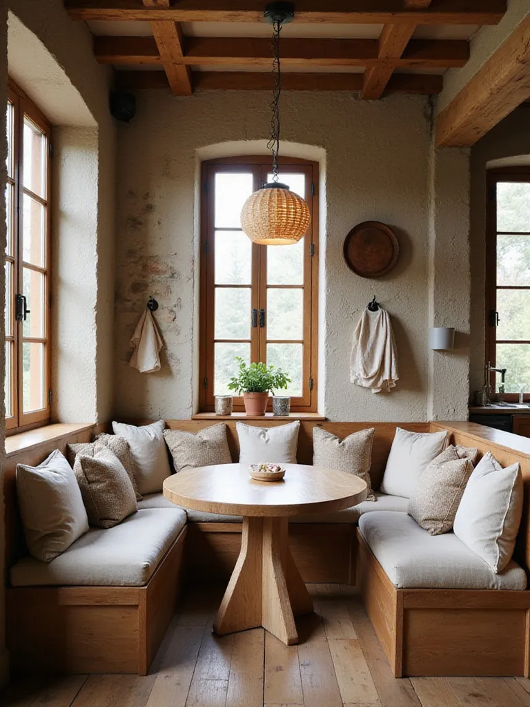 Rustic kitchen corner with a cozy built-in wood banquette seating area, complete with cushions, pillows, and a wooden table. The kitchen features exposed beams and rustic cabinetry.