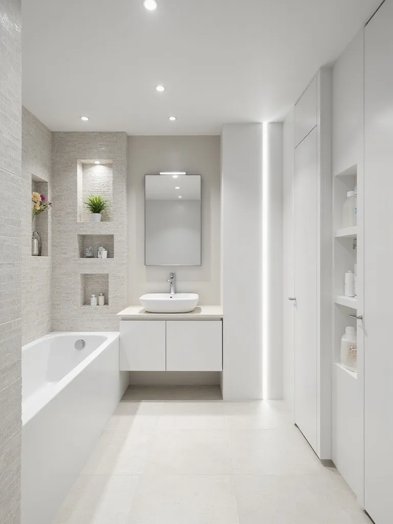 Modern small bathroom featuring seamless built-in storage, including a recessed medicine cabinet, shower niches, and a tall flush cabinet.