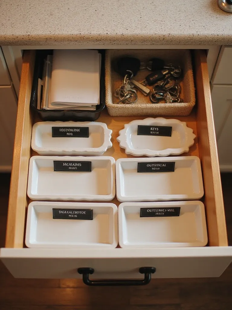 Organized kitchen drawer serving as a command center for mail and keys