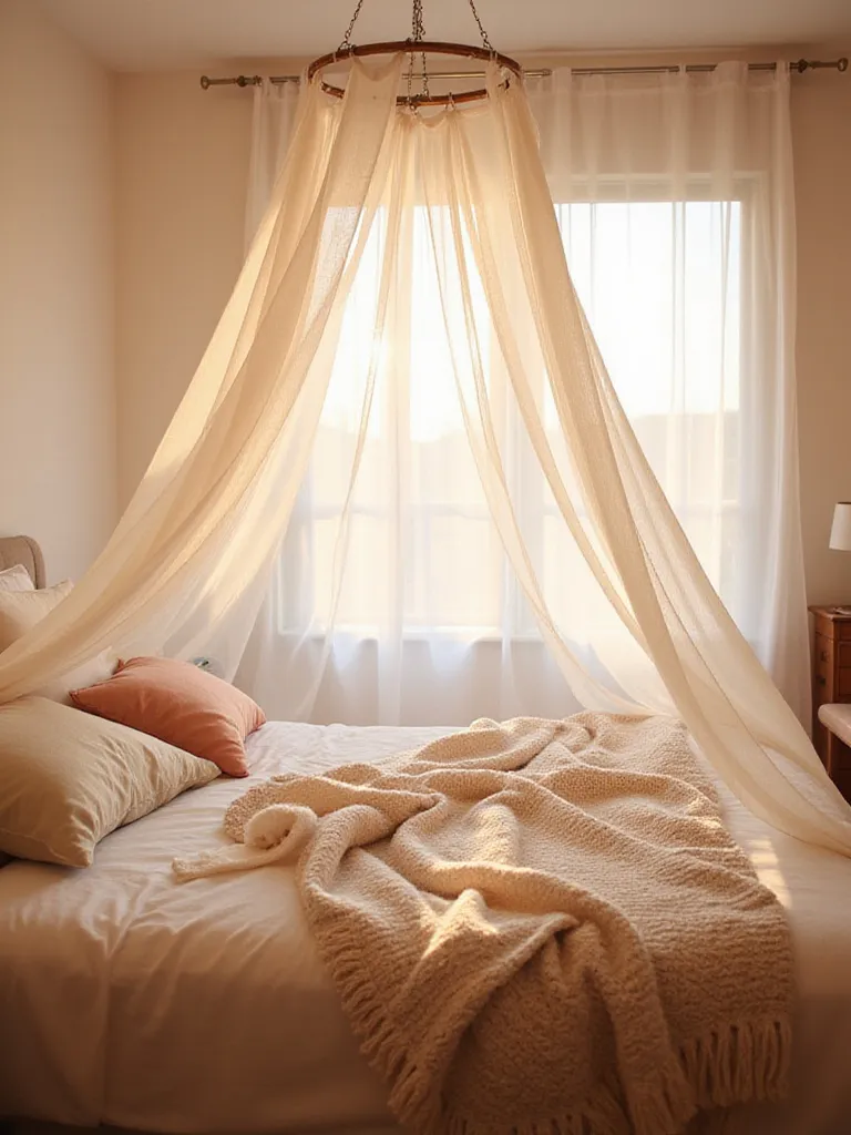 Cozy bedroom with sheer white bed canopy